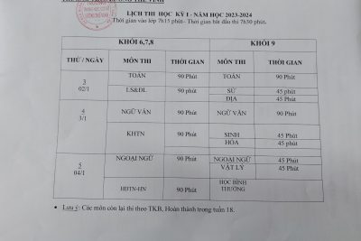 LỊCH THI TẬP TRUNG HỌC KỲ 1- NĂM HỌC 2023-2024